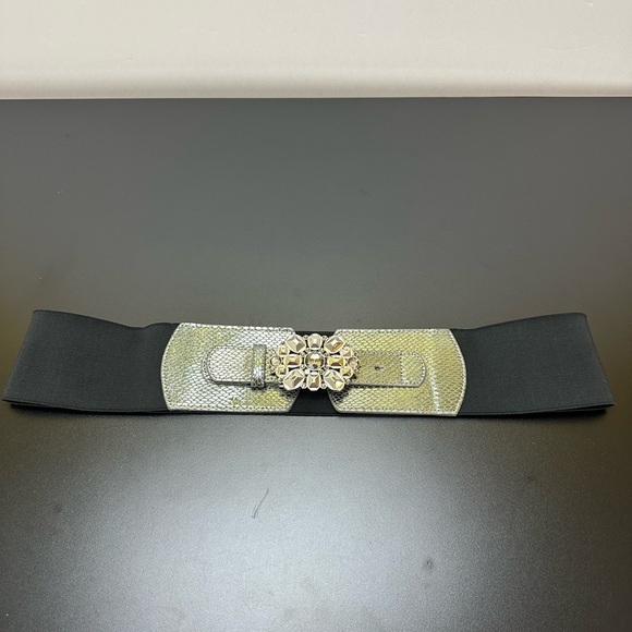 Vtg New York & Co Black/Silver Elastic Belt Bling Rhinestone Buckle L/XL - Picture 3 of 11